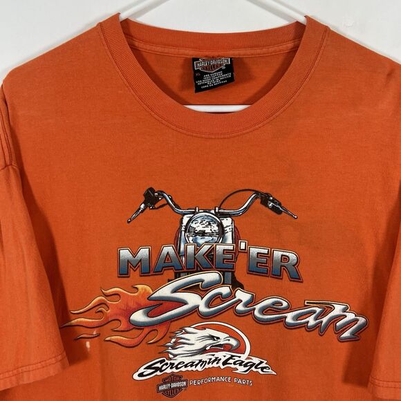 VTG 2001 Harley Davidson T Shirt Men XL Orange TNT Quincy IL Double Sided STAINS - Picture 7 of 15